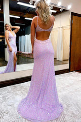 Sequins V-Neck Mermaid Lilac Prom Dresses with Slit, Evening Party Dress