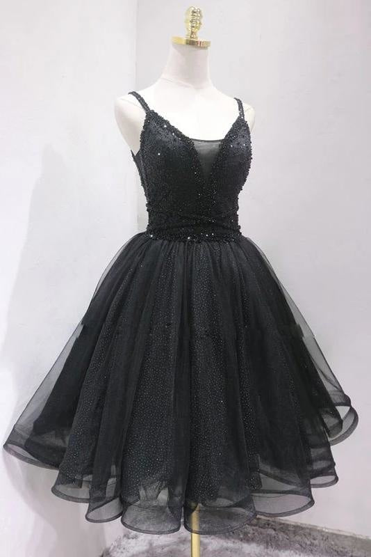 Beaded Black Tulle Short Homecoming Prom Dress