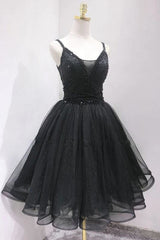 Beaded Black Tulle Short Homecoming Prom Dress