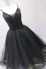Beaded Black Tulle Short Homecoming Prom Dress