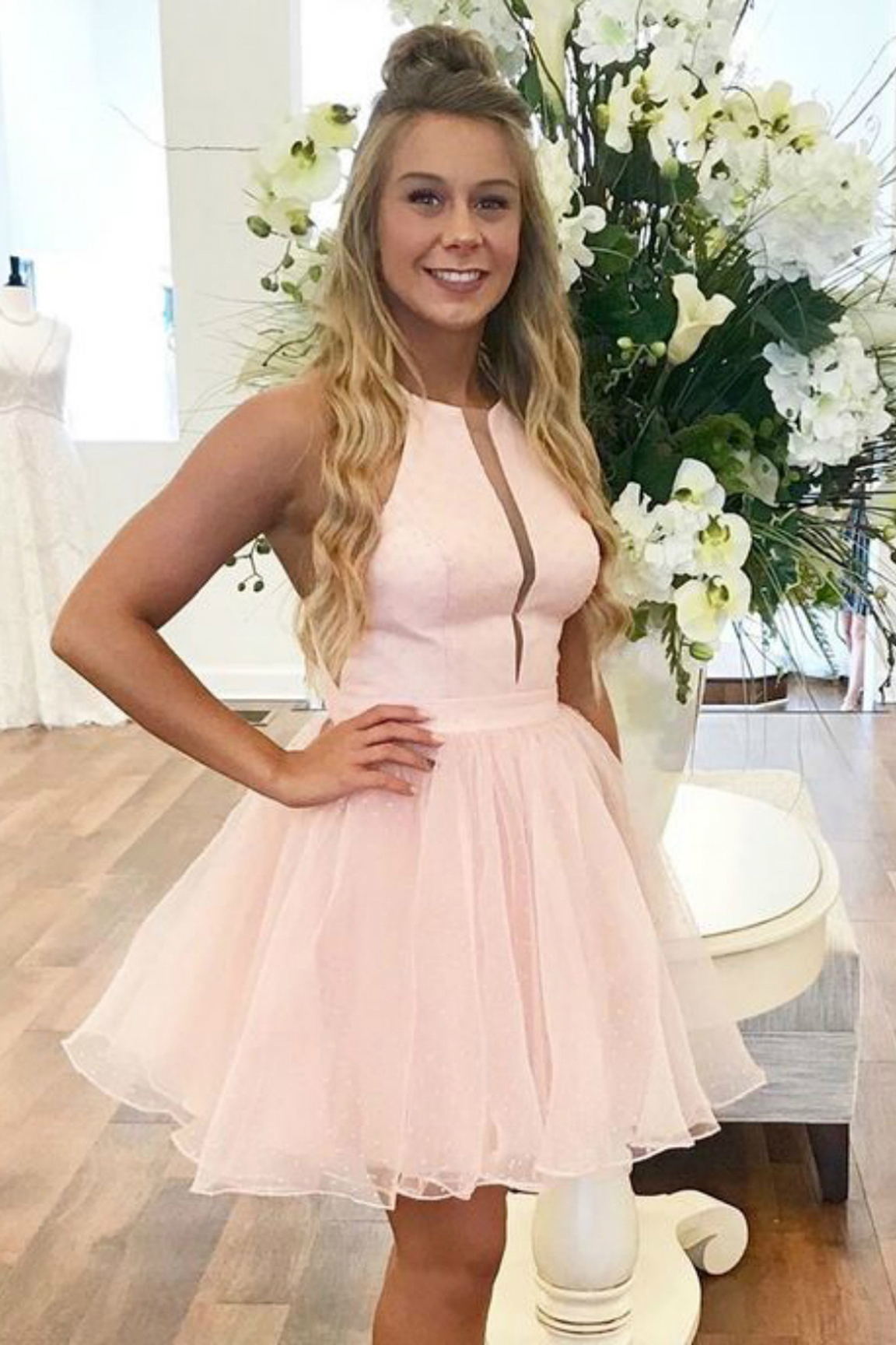 Cute Pink Tulle Short Homecoming Dress, Princess Sleeveless Sweet 16 Dress