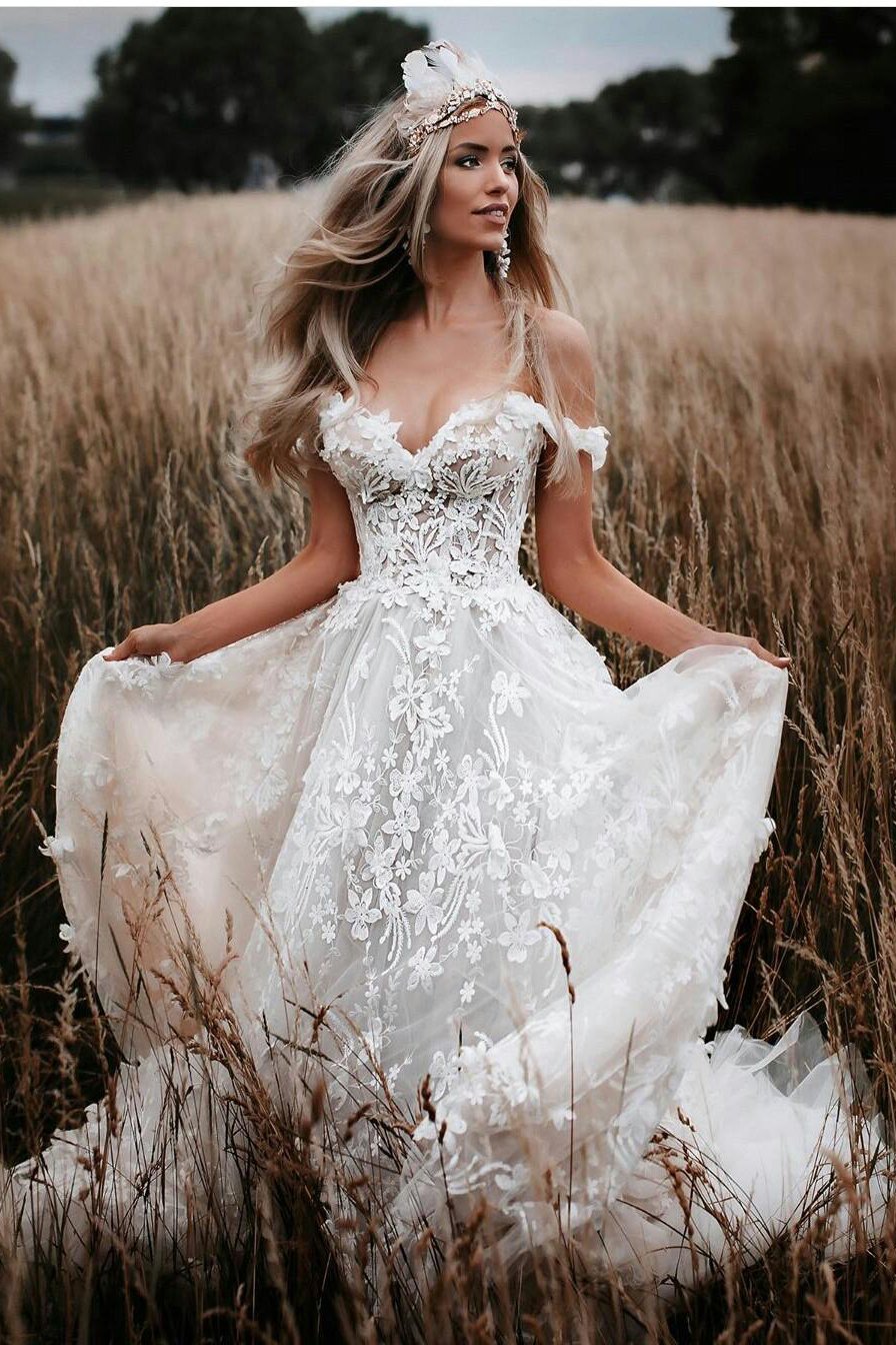 Charm Off-the-Shoulder Lace Applique Beach Rustic Wedding Dress