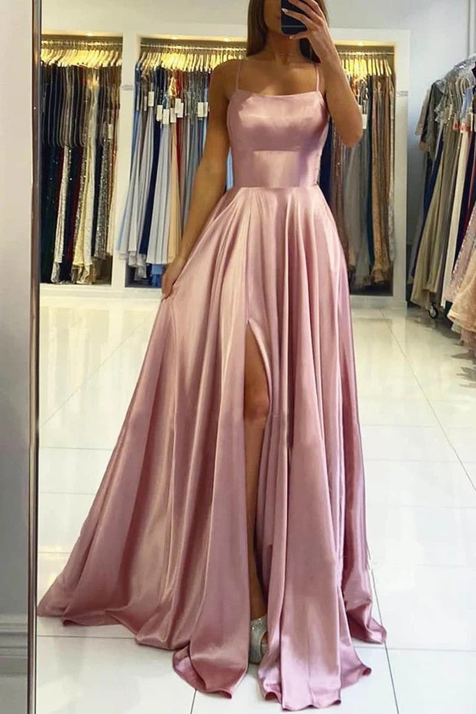 Simple A-Line Long Prom Dresses with Slit, Backless Evening Dress