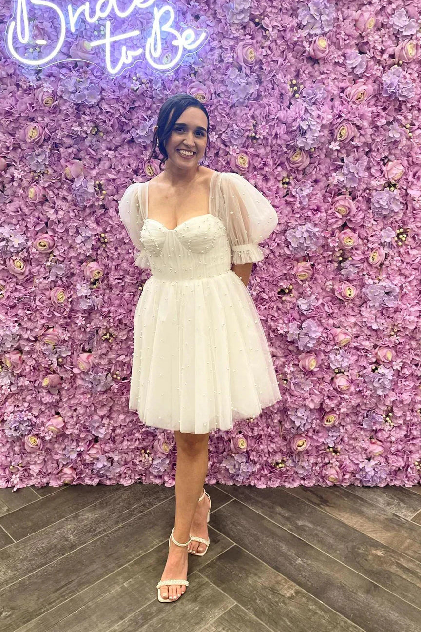 Blush Pink Pearls Corset Short Homecoming Dress, Princess Party Dress