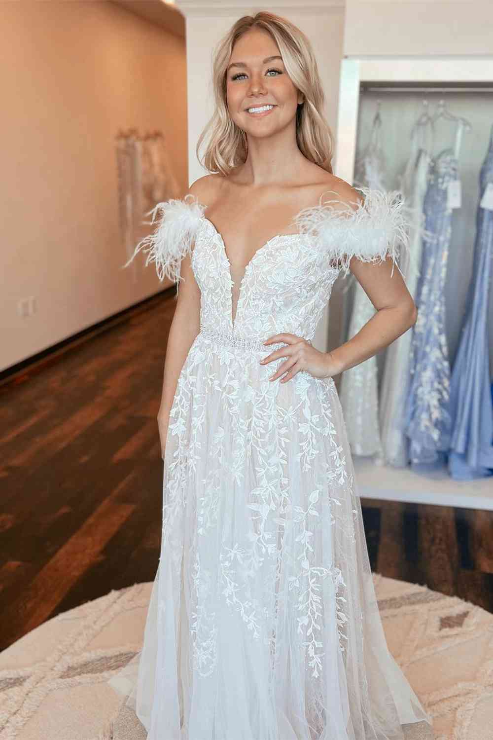 Charming A-Line Red Feather Beaded Long Prom Dress