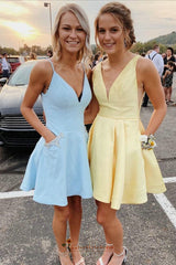 A-Line Short Sky Blue Homecoming Dress with Beaded Pockets, Cute Short Graduation Dresses