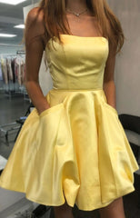 A-Line Strapless Yellow Satin Short Homecoming Dress with Pockets