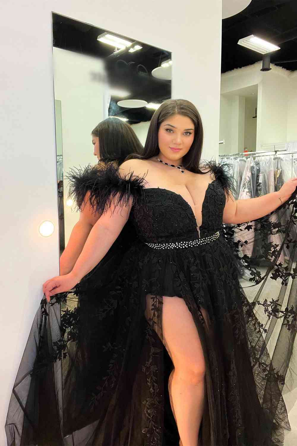 Charming A-Line Red Feather Beaded Long Prom Dress